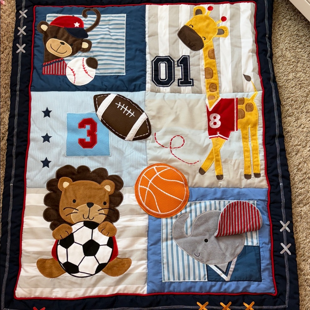 Colorful Animal Sports Themed Baby Quilt